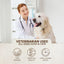 Veterinarian with a dog in a clinic setting, promoting a product used by veterinarians.