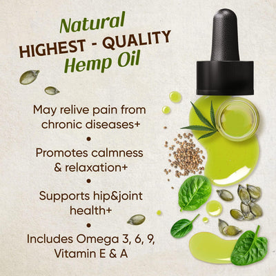 Hemp oil dropper with seeds and leaves on a beige background, highlighting health benefits.