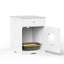 White pet litter box enclosure with a door open, revealing a litter box inside.