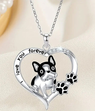 Silver necklace with a heart-shaped pendant featuring a dog illustration and 'love you forever' text.